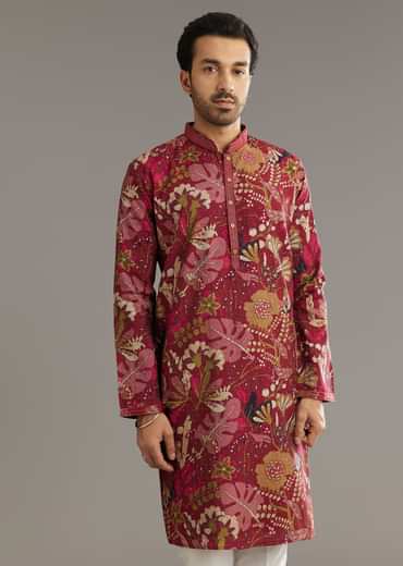 Wine Silk Kurta Set With Stone Embellishment
