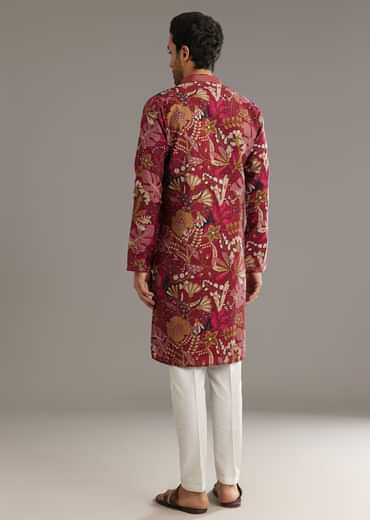 Wine Silk Kurta Set With Stone Embellishment