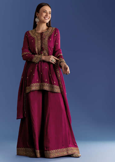 Wine Silk Kurta Set With Zari Palazzo And Butti Dupatta