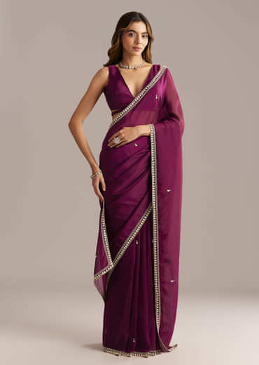 Wine Silk Saree With Stone And Sequin Embroidery