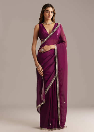 Wine Silk Saree With Stone And Sequin Embroidery