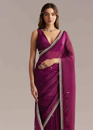 Wine Silk Saree With Stone And Sequin Embroidery