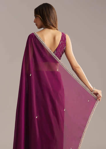 Wine Silk Saree With Stone And Sequin Embroidery