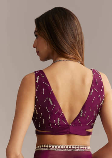 Wine Silk Saree With Stone And Sequin Embroidery