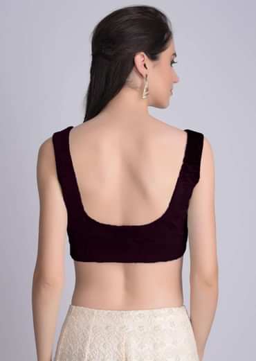 Wine Sleeveless Blouse In Velvet With U Neckline