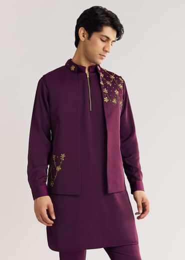 Wine Suiting Jacket Kurta Set With Metal Accents