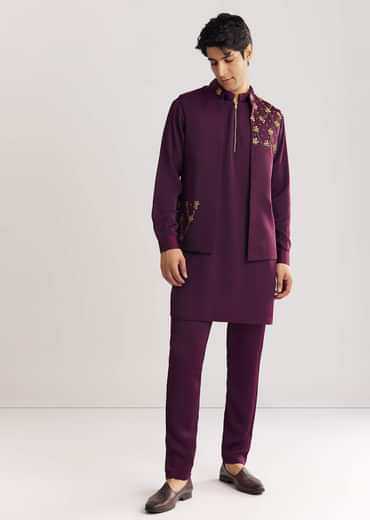 Wine Suiting Jacket Kurta Set With Metal Accents
