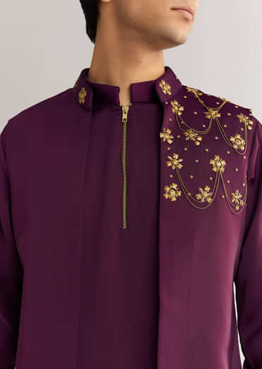 Wine Suiting Jacket Kurta Set With Metal Accents
