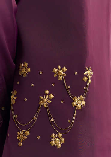 Wine Suiting Jacket Kurta Set With Metal Accents