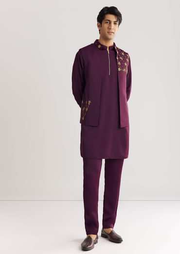 Wine Suiting Jacket Kurta Set With Metal Accents