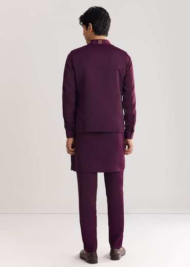 Wine Suiting Jacket Kurta Set With Metal Accents
