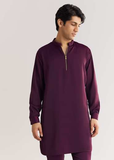 Wine Suiting Jacket Kurta Set With Metal Accents
