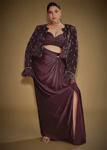 Wine Tassel Embroidered Blazer Set With Bustier And Drape Skirt