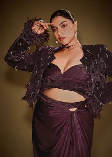 Wine Tassel Embroidered Blazer Set With Bustier And Drape Skirt