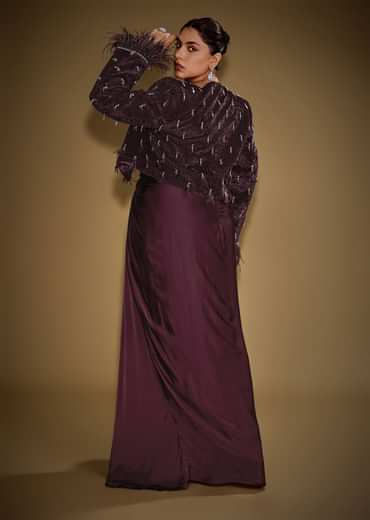 Wine Tassel Embroidered Blazer Set With Bustier And Drape Skirt