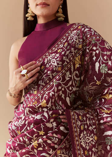 Wine Tissue Organza Embroidered Saree with Unstitched Blouse