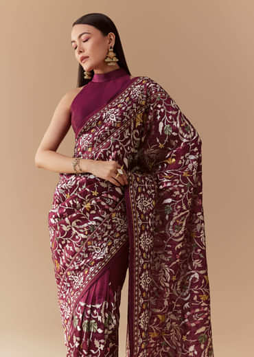 Wine Tissue Organza Embroidered Saree with Unstitched Blouse