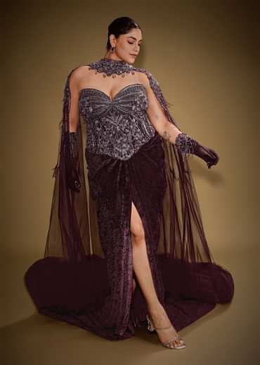 Wine Velvet Corset Set With Drape Skirt And Embroidered Cape