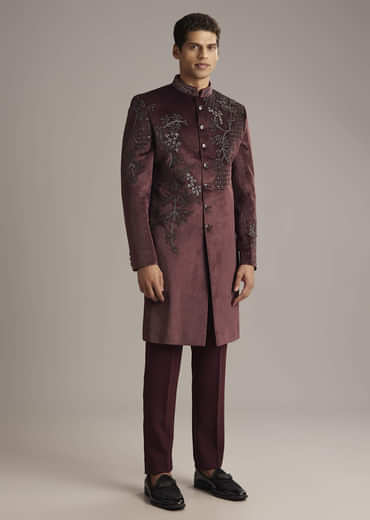 Wine Velvet Indo Western Set For Men With Intricate Hand Embroidery