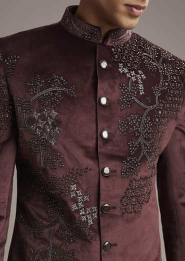 Wine Velvet Indo Western Set For Men With Intricate Hand Embroidery