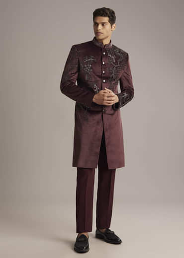 Wine Velvet Indo Western Set For Men With Intricate Hand Embroidery