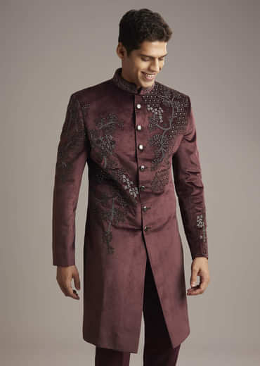 Wine Velvet Indo Western Set For Men With Intricate Hand Embroidery
