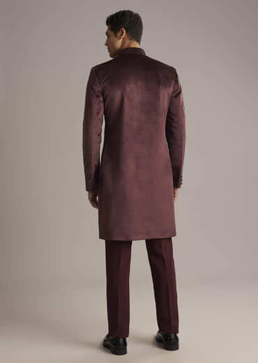 Wine Velvet Indo Western Set For Men With Intricate Hand Embroidery