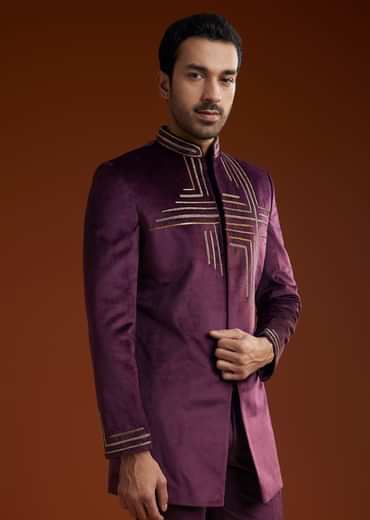 Wine Velvet Jodhpuri Kurta Trouser Set With Zari Embroidery