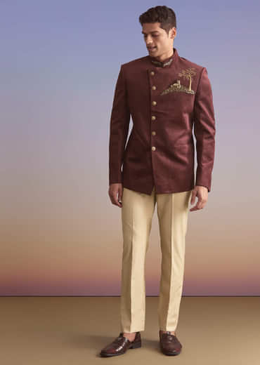 Wine Velvet Jodhpuri Suit For Men With Metal And Zari Embroidery