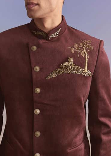 Wine Velvet Jodhpuri Suit For Men With Metal And Zari Embroidery
