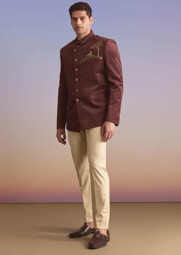 Wine Velvet Jodhpuri Suit For Men With Metal And Zari Embroidery