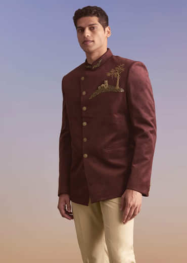 Wine Velvet Jodhpuri Suit For Men With Metal And Zari Embroidery