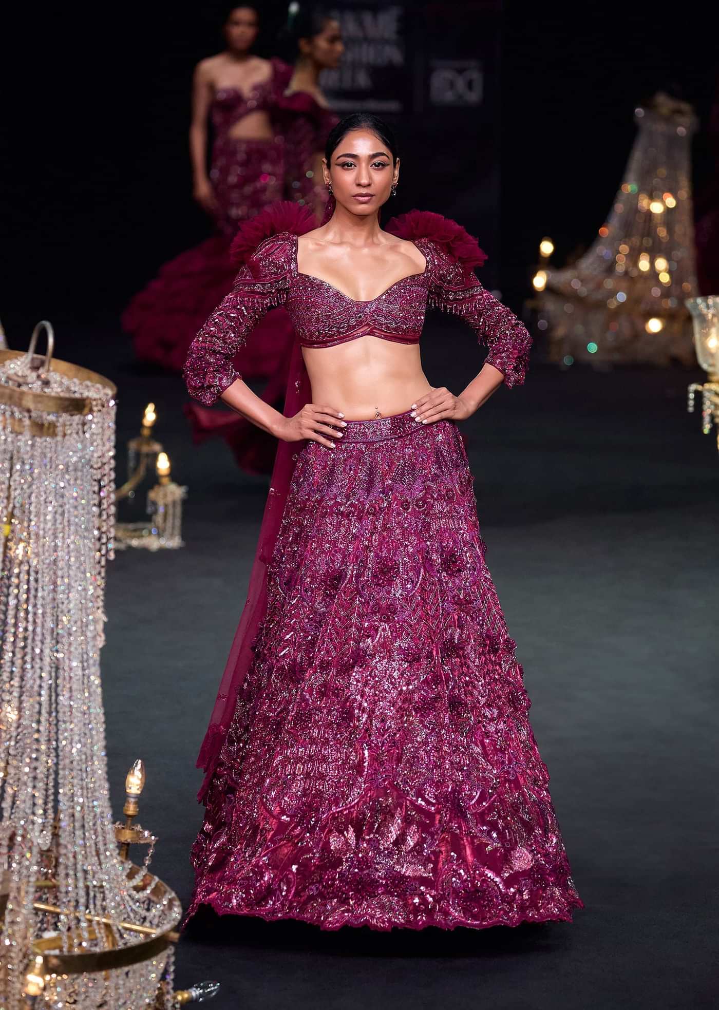 Wine 3D Floral Organza Lehenga With Ruffle Blouse