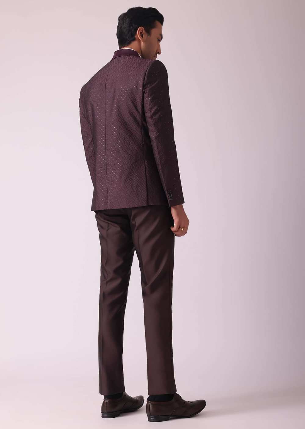 Wine Blazer And Pant Set In Terry Rayon Fabric