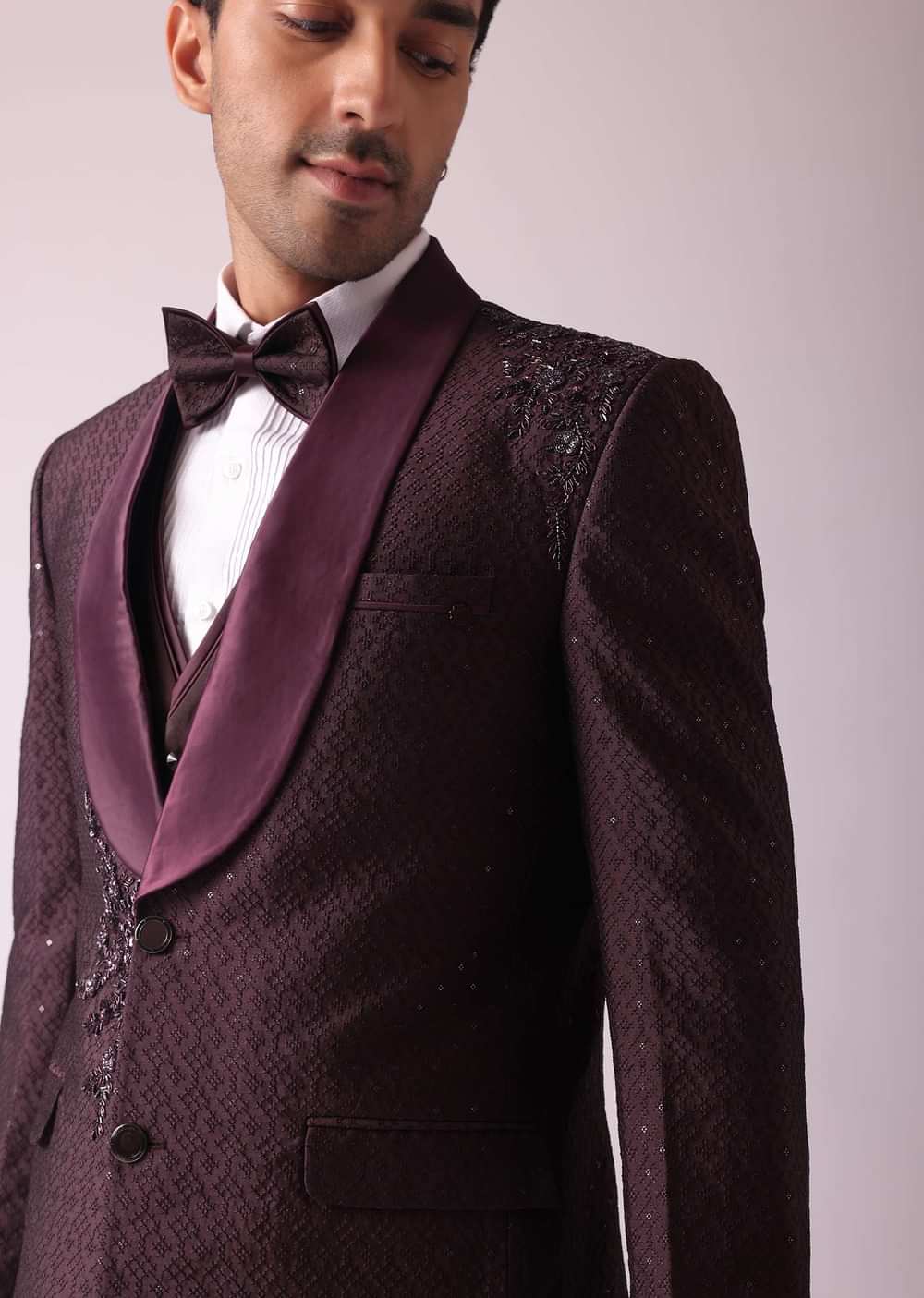 Wine Blazer And Pant Set In Terry Rayon Fabric