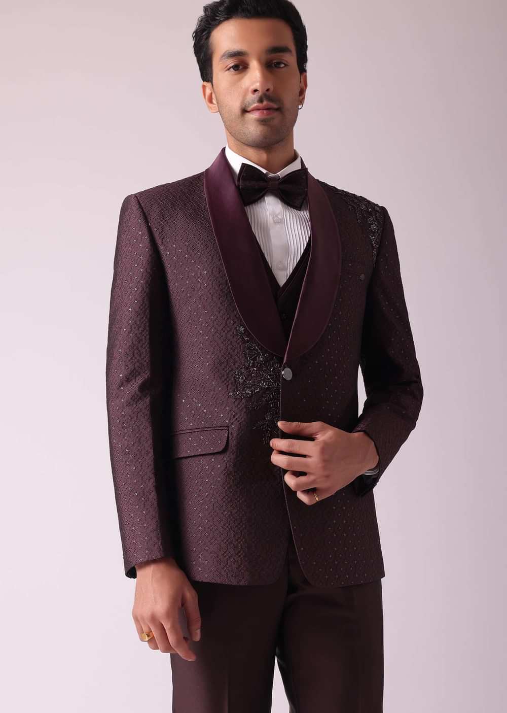 Wine Blazer And Pant Set In Terry Rayon Fabric