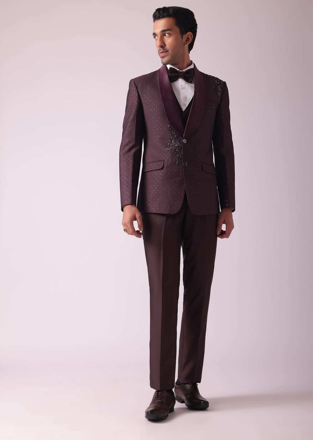 Wine Blazer And Pant Set In Terry Rayon Fabric