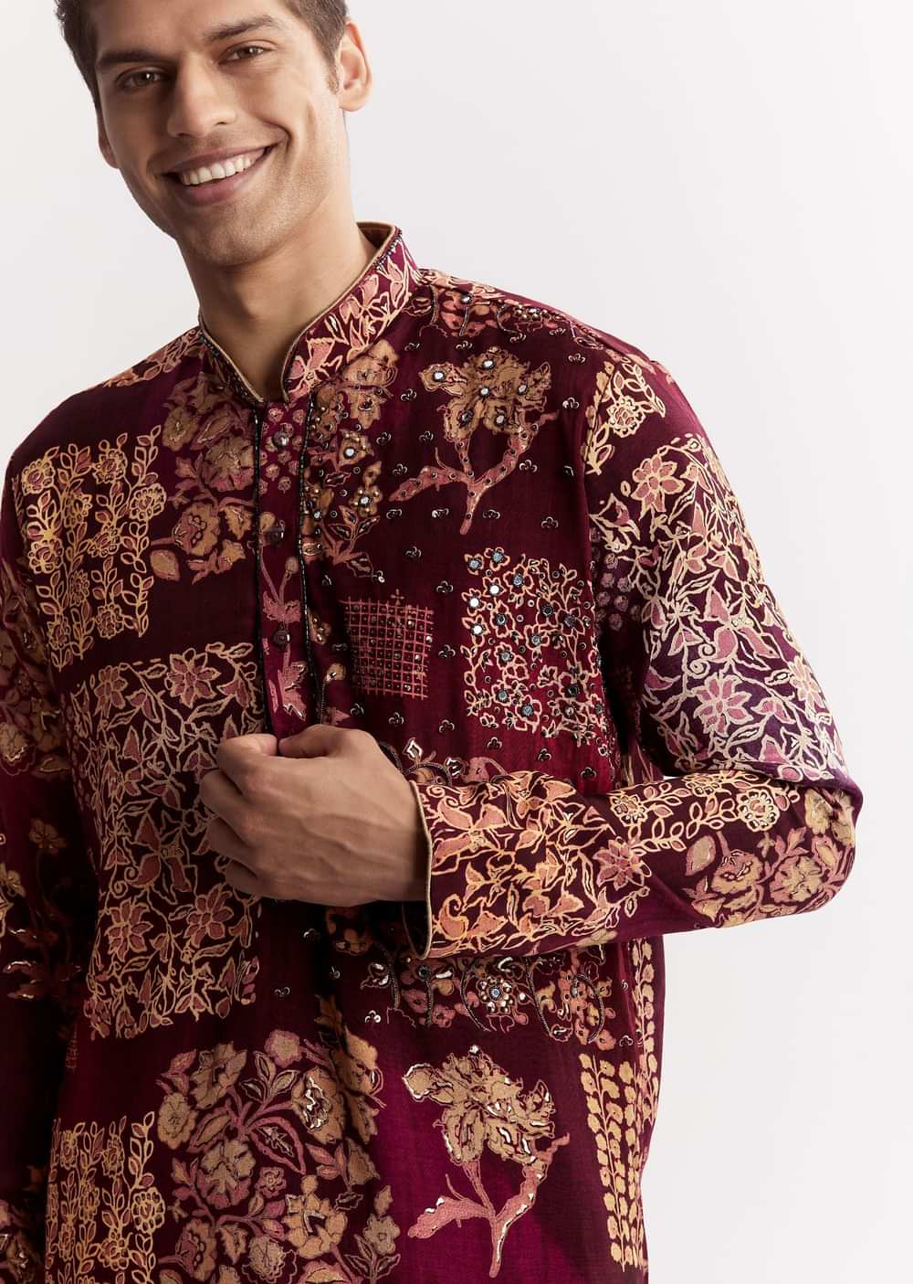 Wine Chanderi Kurta Set With Stone Sequins And Cutdana Work