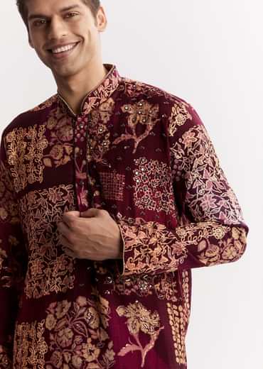 Wine Chanderi Kurta Set With Stone Sequins And Cutdana Work