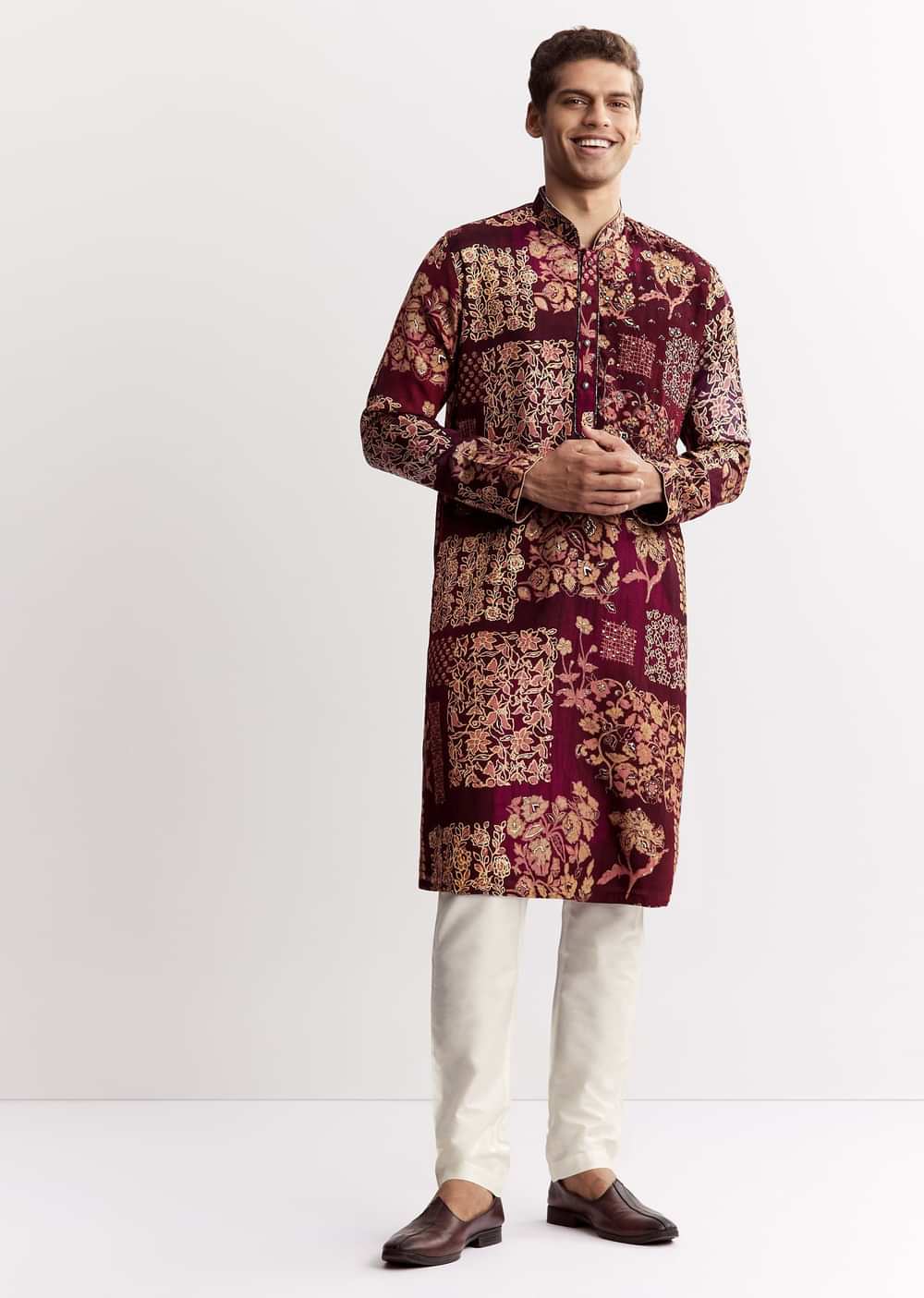 Wine Chanderi Kurta Set With Stone Sequins And Cutdana Work