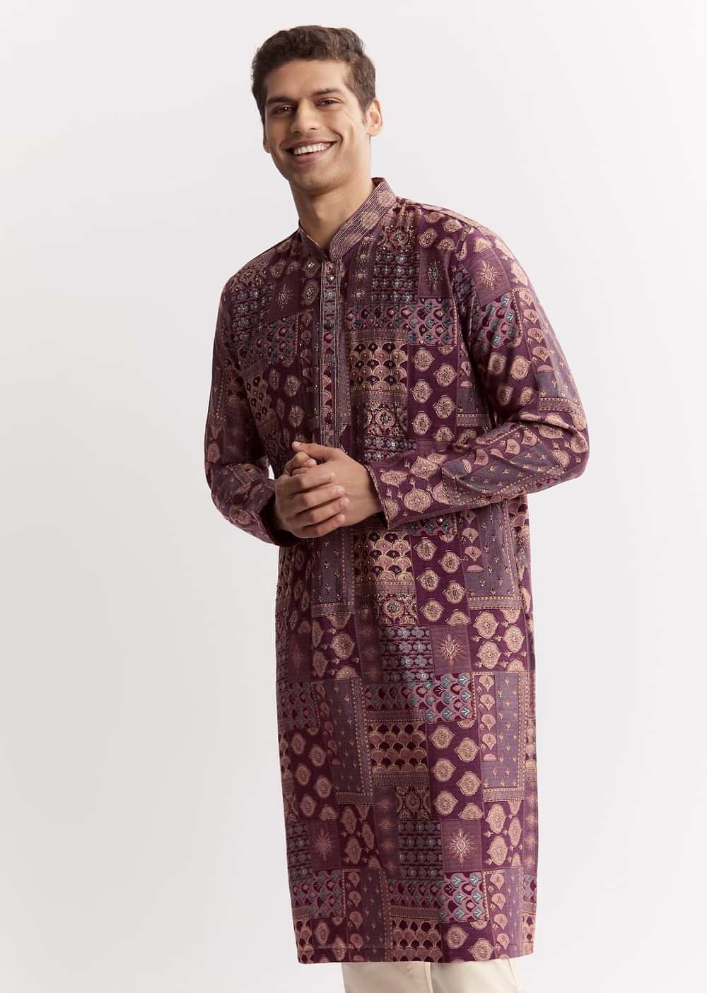 Wine Chanderi Printed Kurta Jacket Set With Stone Sequins And Cutdana