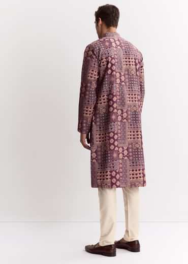 Wine Chanderi Printed Kurta Jacket Set With Stone Sequins And Cutdana