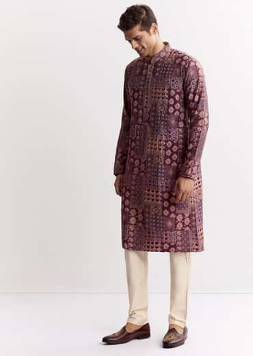 Wine Chanderi Printed Kurta Jacket Set With Stone Sequins And Cutdana