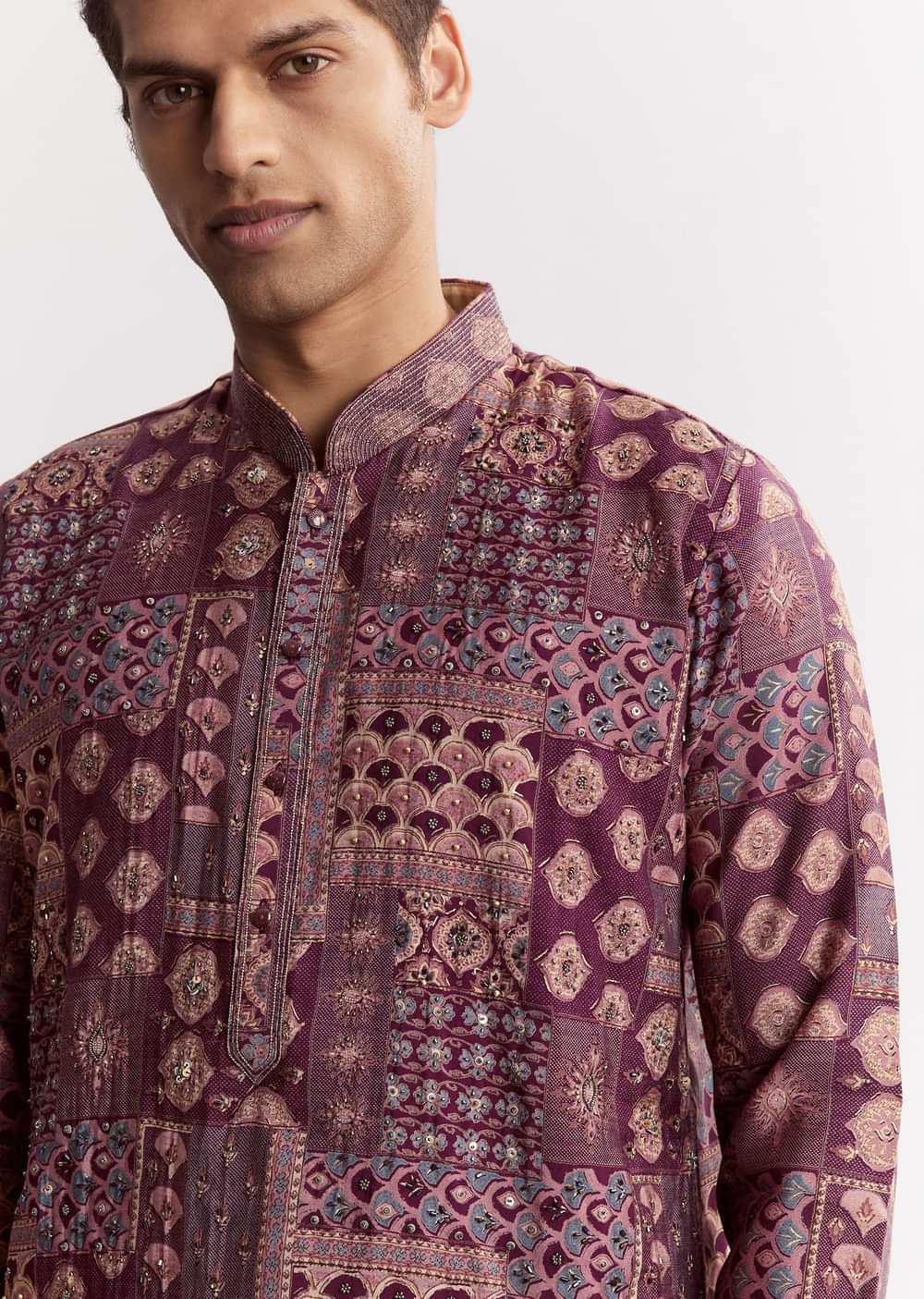 Wine Chanderi Printed Kurta Jacket Set With Stone Sequins And Cutdana