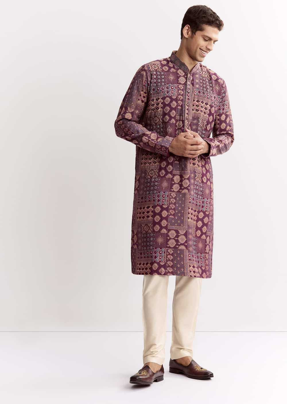 Wine Chanderi Printed Kurta Jacket Set With Stone Sequins And Cutdana