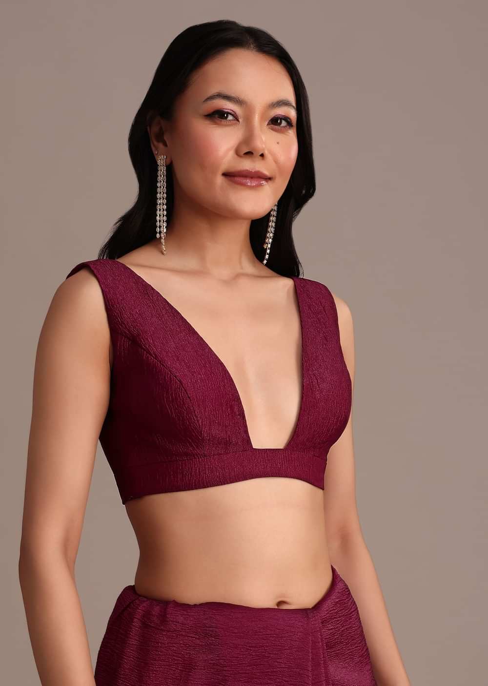 Wine Crushed Tissue Saree With Stone Embellished Border