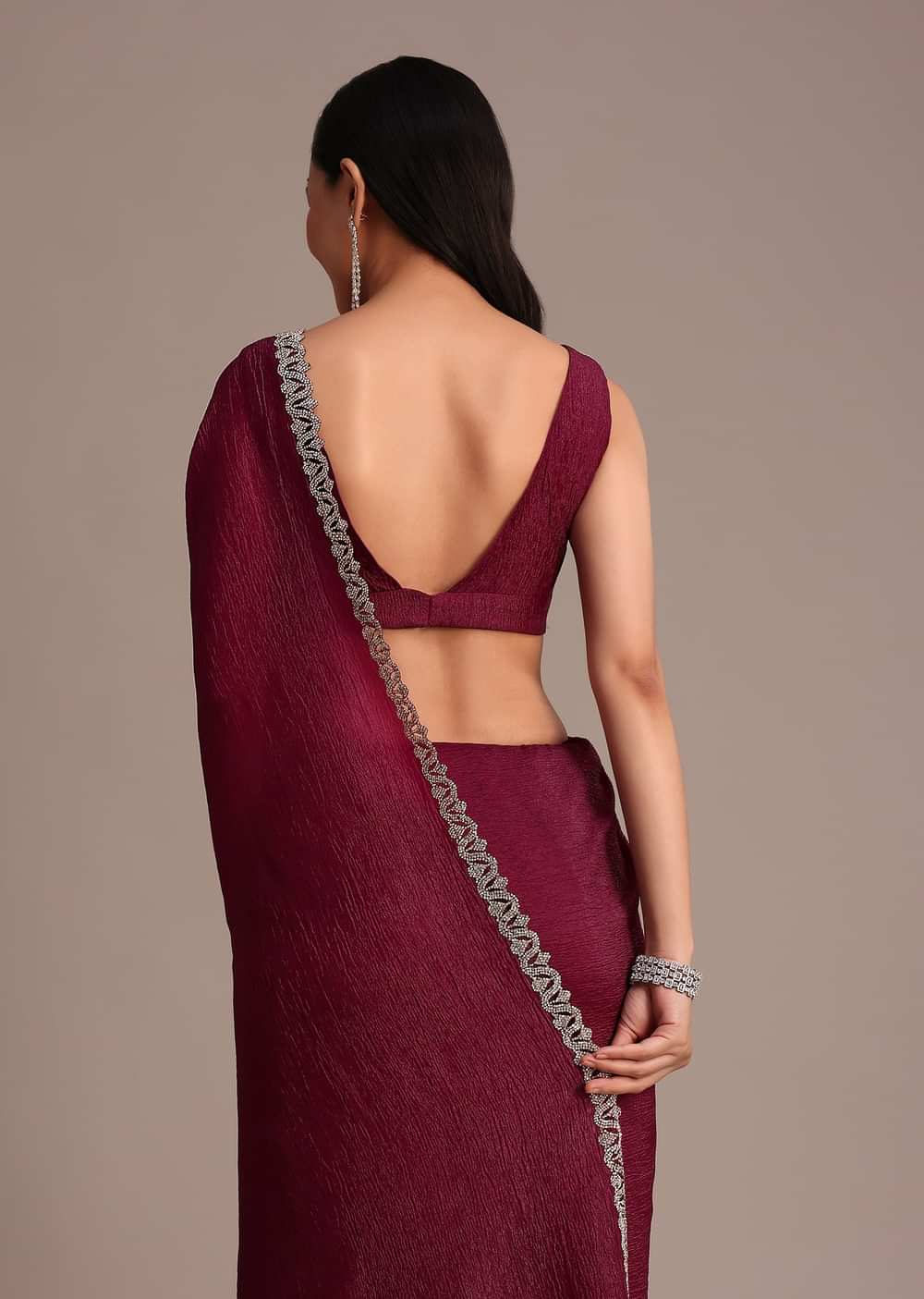 Wine Crushed Tissue Saree With Stone Embellished Border