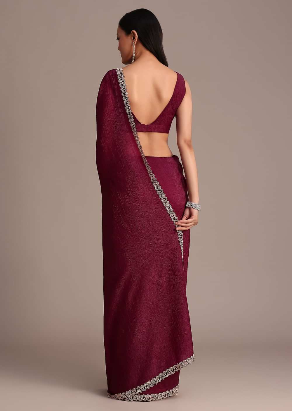 Wine Crushed Tissue Saree With Stone Embellished Border