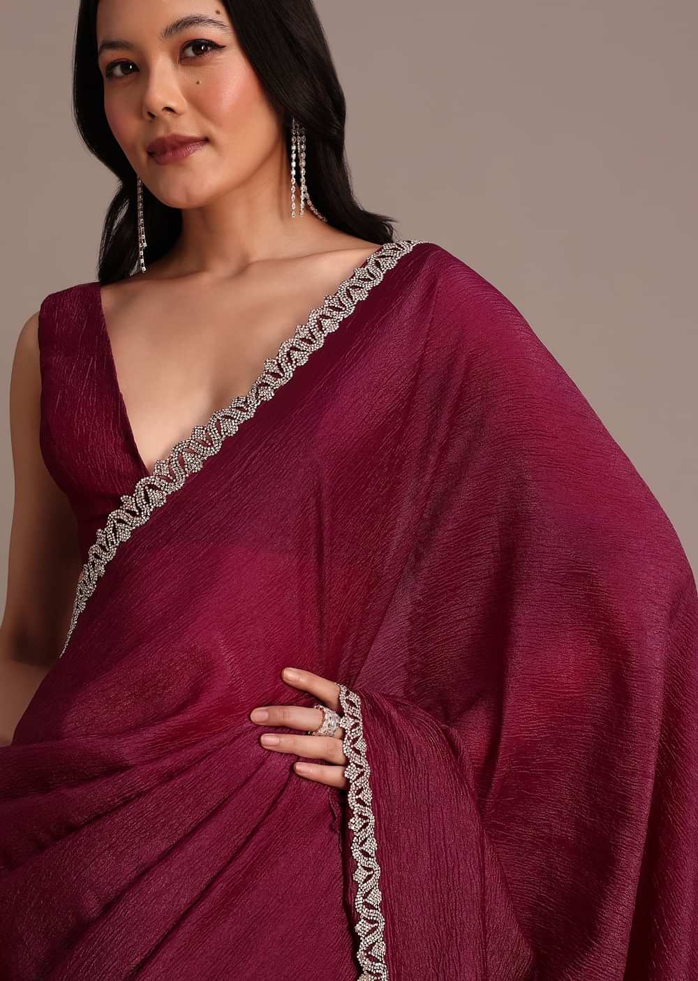 Wine Crushed Tissue Saree With Stone Embellished Border