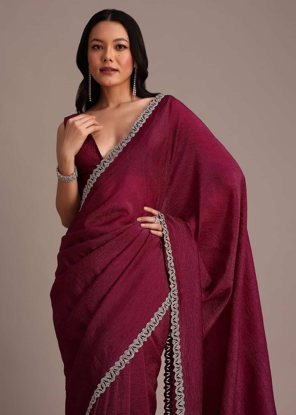 Wine Crushed Tissue Saree With Stone Embellished Border